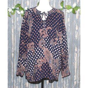Nine West Ladies Blouse Top Size L Paisley's Long Sleeve Double Tie Up V-Neck